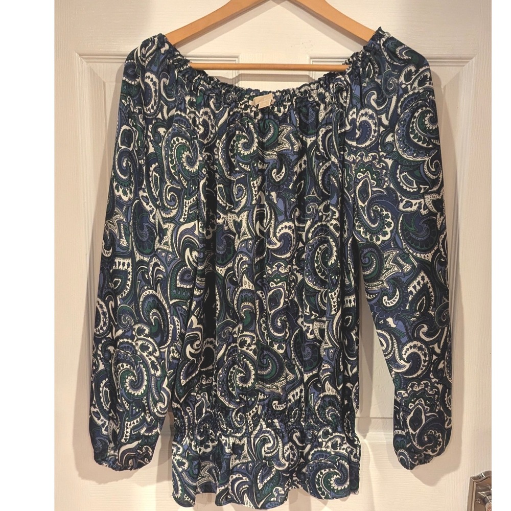Michael Kors Blouse Medium Blue Green Paisley Smocked Off Shoulder Boho Top - Picture 2 of 7